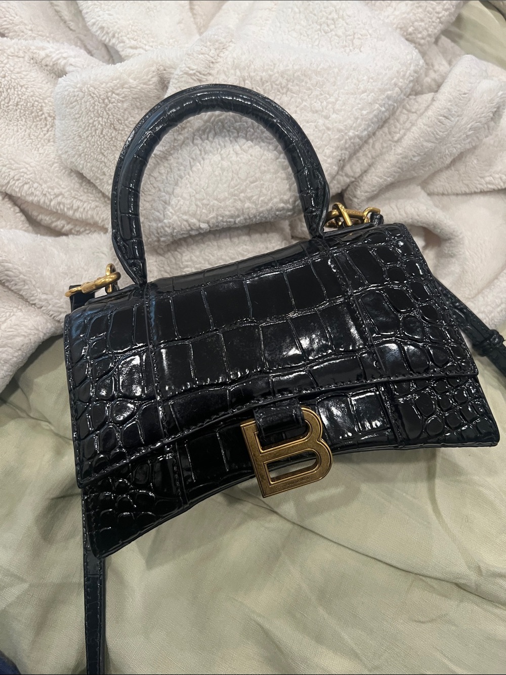 Balenciaga Black Croc-Embossed Hourglass Top Handle Satchel with Gold finish